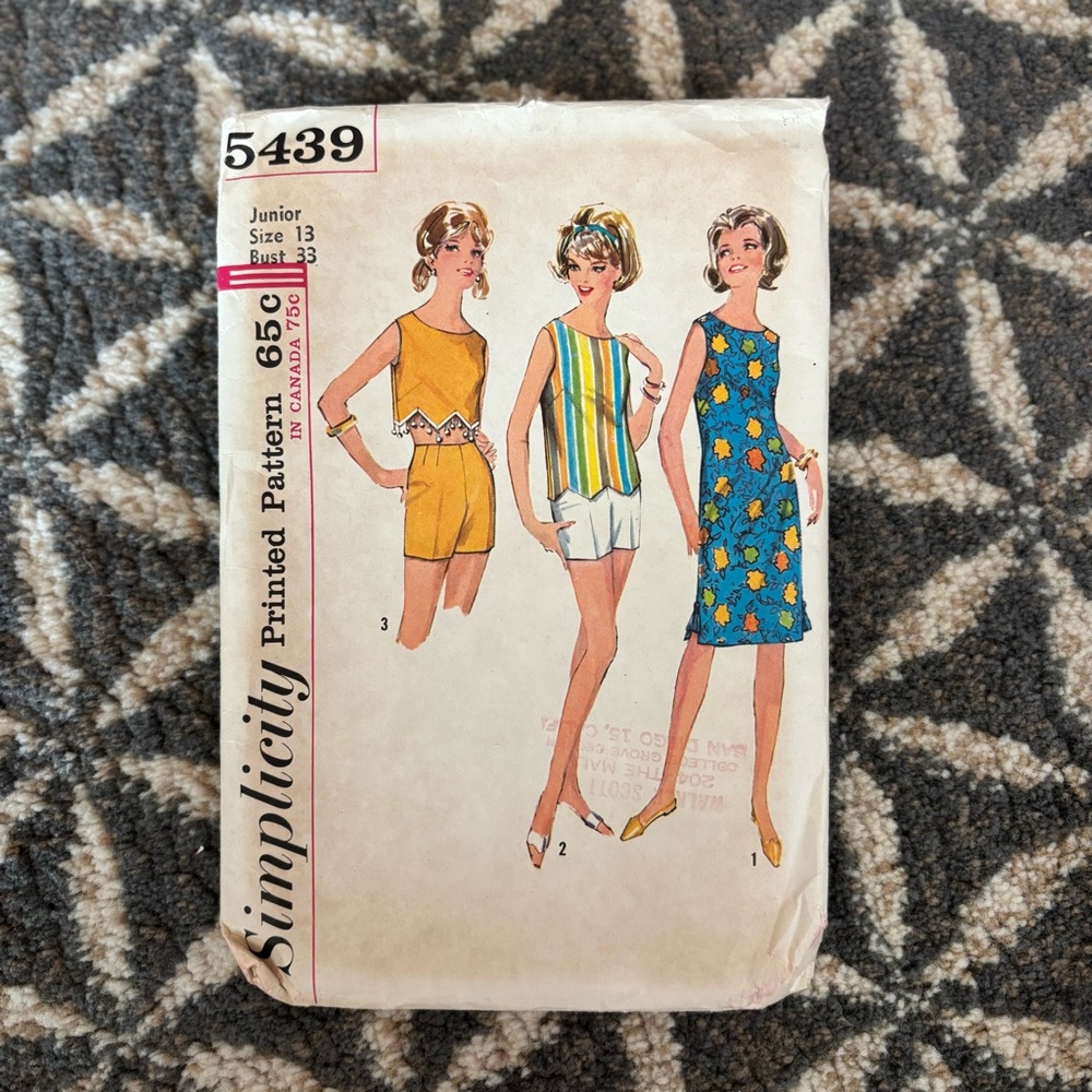 60's Simplicity #5439 Junior One-Piece Dress, Shorts, Top - Jr Size 13 - Bust 3